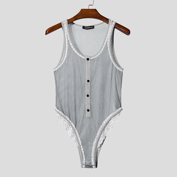 AIDASE  -  Men Bodysuits Lace Striped Patchwork O-neck Button Sleeveless Male Rompers Sexy 2025 Skinny Fashion Cozy Bodysuit Men aidase-shop